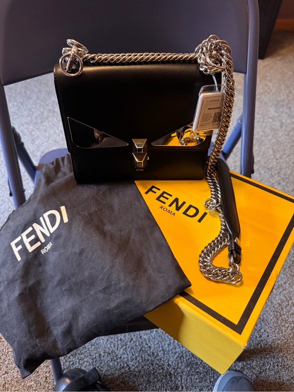 Fendi Black Leather Kan I F Bag with Silver Chain